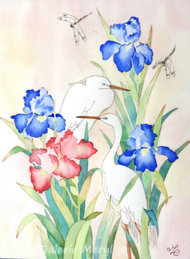 Painting titled "Hérons blancs et ir…" by Meryl, Original Artwork, Watercolor