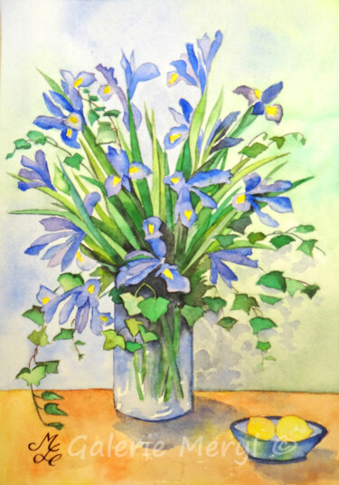 Peinture intitulée "Bouquet d'iris" par Meryl, Œuvre d'art originale, Aquarelle