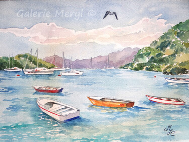 Painting titled "Paysage des Saintes" by Meryl, Original Artwork, Watercolor