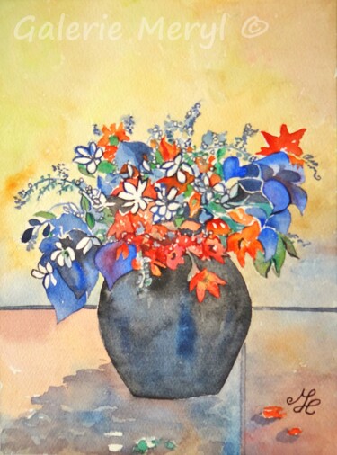 Painting titled "Bouquet bleu blanc…" by Meryl, Original Artwork, Watercolor