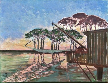 Malerei mit dem Titel "La pêcherie" von Meryl, Original-Kunstwerk, Collagen