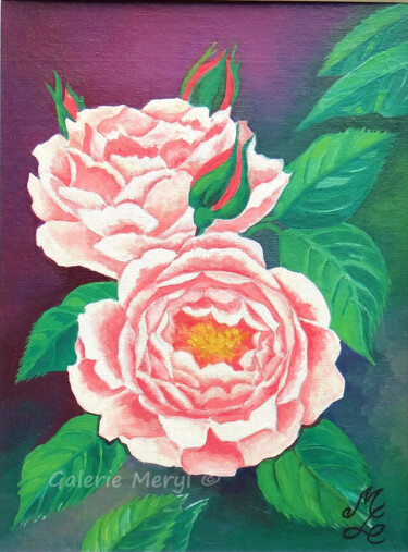 Peinture intitulée "Duo de roses" par Meryl, Œuvre d'art originale, Huile