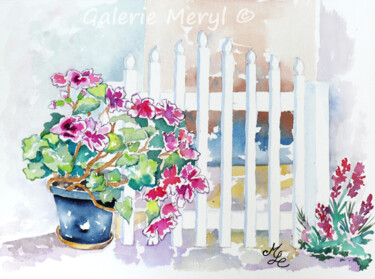 Malerei mit dem Titel "Bienvenue au jardin" von Meryl, Original-Kunstwerk, Aquarell