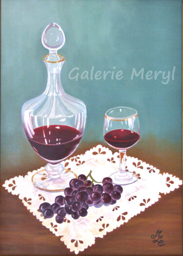 Painting titled "Vin et raisin" by Meryl, Original Artwork, Oil