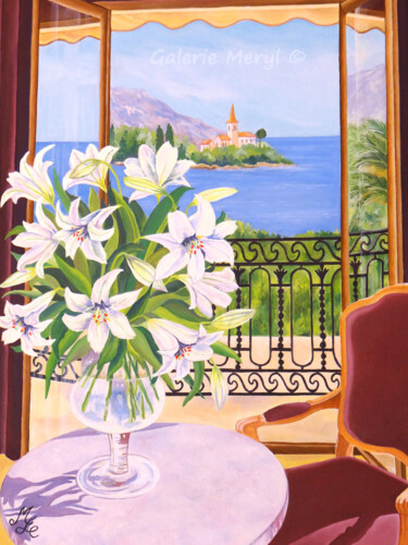 Painting titled "Balcon sur la Rivie…" by Meryl, Original Artwork, Oil
