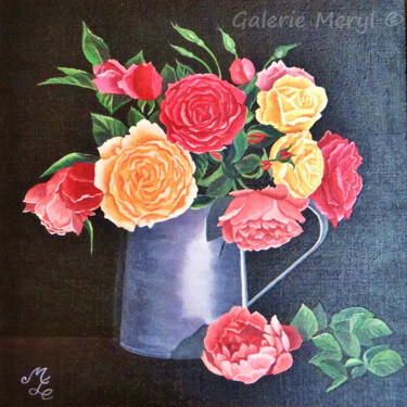 Painting titled "Roses anciennes" by Meryl, Original Artwork, Oil