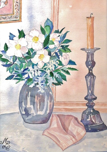 Painting titled "Roses de Noël et tr…" by Meryl, Original Artwork, Watercolor