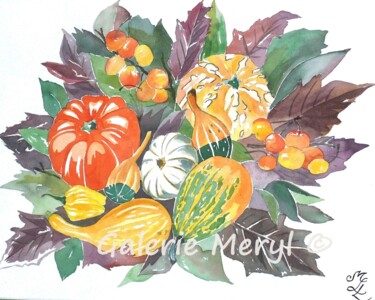 Painting titled "Courges d'automne" by Meryl, Original Artwork, Watercolor