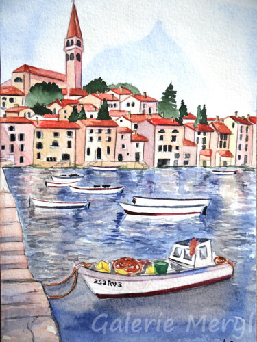 Painting titled "Petit port de Split…" by Meryl, Original Artwork, Watercolor
