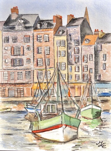 Peinture intitulée "Le port d'Honfleur" par Meryl, Œuvre d'art originale, Aquarelle