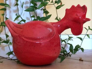 Sculpture titled "Poule rouge" by Meryl, Original Artwork, Ceramics