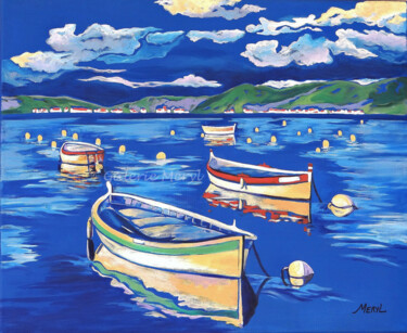 Pintura intitulada "Barques en Méditerr…" por Meryl, Obras de arte originais, Acrílico
