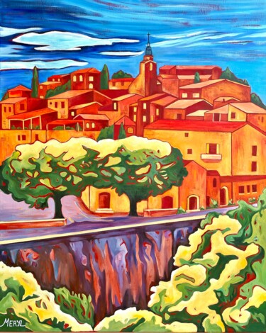 Painting titled "Village de Roussill…" by Meryl, Original Artwork, Oil Mounted on Wood Stretcher frame