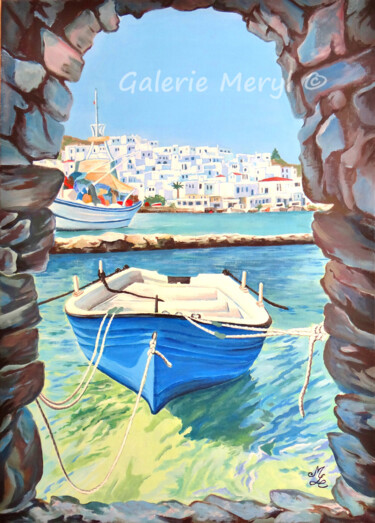 Peinture intitulée "Port de Mykonos" par Meryl, Œuvre d'art originale, Acrylique