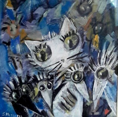 Schilderij getiteld "snowcat" door Silvia Messerli, Origineel Kunstwerk, Acryl Gemonteerd op Houten paneel