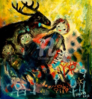 Malerei mit dem Titel "Hirsch art brut aut…" von Silvia Messerli, Original-Kunstwerk, Acryl