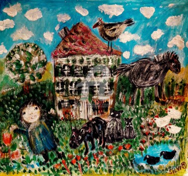 Malerei mit dem Titel "maman dans le jardin" von Silvia Messerli, Original-Kunstwerk, Acryl
