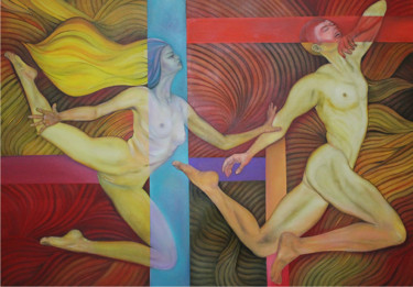 Painting titled "nude girl ,nude man…" by Metin Sakalov, Original Artwork, Oil Mounted on Wood Stretcher frame