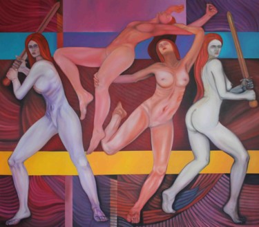 Painting titled "nude girls ,nude wa…" by Metin Sakalov, Original Artwork, Oil Mounted on Wood Stretcher frame