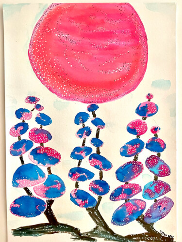Картина под названием "Pink and blue" - Metka Gelt, Подлинное произведение искусства, Чернила