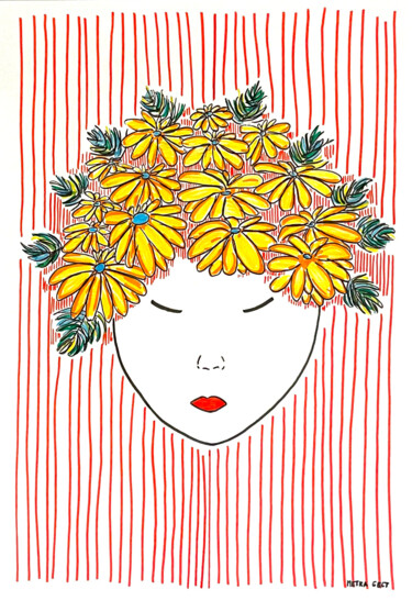 Drawing titled "Girl+ flowers no.2" by Metka Gelt, Original Artwork, Marker