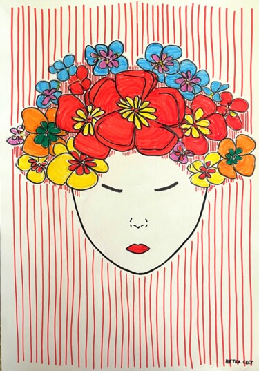 Dessin intitulée "Girl+ flowers no. 3" par Metka Gelt, Œuvre d'art originale, Marqueur