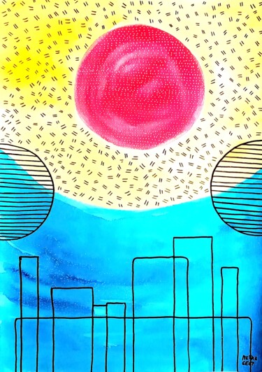 Painting titled "City by the sea No.…" by Metka Gelt, Original Artwork, Ink