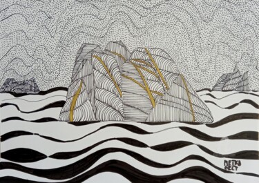 Drawing titled "Island in gold" by Metka Gelt, Original Artwork, Marker