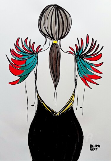 Zeichnungen mit dem Titel "Feathers" von Metka Gelt, Original-Kunstwerk, Tinte