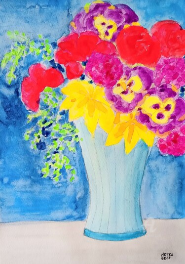 Malerei mit dem Titel "Blumen" von Metka Gelt, Original-Kunstwerk, Aquarell