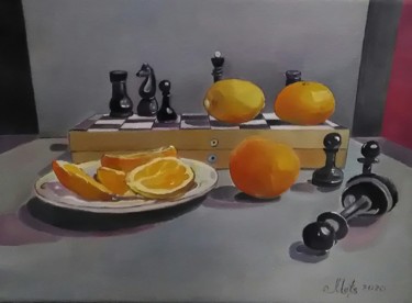 Peinture intitulée "Натюрморт с шахмата…" par Ekaterina Mets, Œuvre d'art originale, Huile Monté sur Châssis en bois