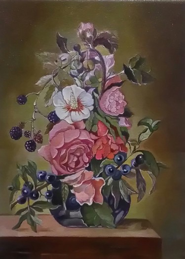 Painting titled "Натюрморт с ежевикой" by Ekaterina Mets, Original Artwork, Oil Mounted on Wood Stretcher frame