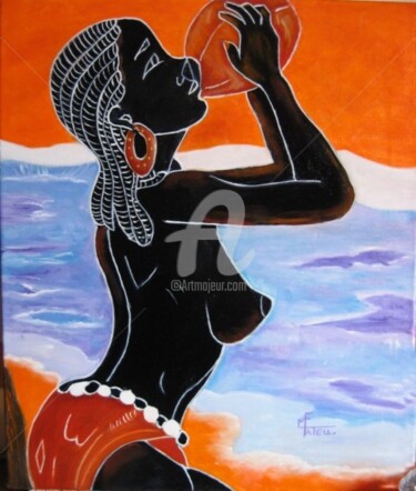 Pintura intitulada "Femme Africaine buv…" por Marie France Mateu, Obras de arte originais, Óleo
