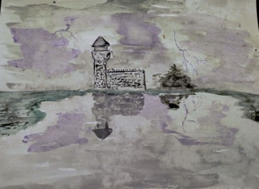 Schilderij getiteld "Stormy Castle" door Dracorex Creations, Origineel Kunstwerk, Aquarel