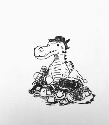 Dibujo titulada "Hat Hoarding Dragon" por Dracorex Creations, Obra de arte original, Bolígrafo