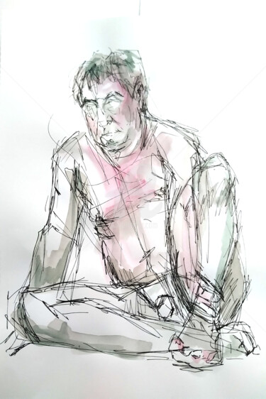 Drawing titled "Nu, masculin" by Mgr, Original Artwork, Ink