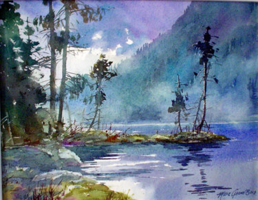 Painting titled "Le lac sans nom" by Marc Grandbois, Original Artwork, Watercolor