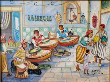 Malerei mit dem Titel "Préparation du cous…" von M'Hamed, Original-Kunstwerk, Öl