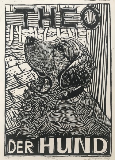 Εκτυπώσεις & Χαρακτικά με τίτλο "Theo der Hund (Gold…" από Margreet Duijneveld, Αυθεντικά έργα τέχνης, Χαρακτικά σε λινόλαιο