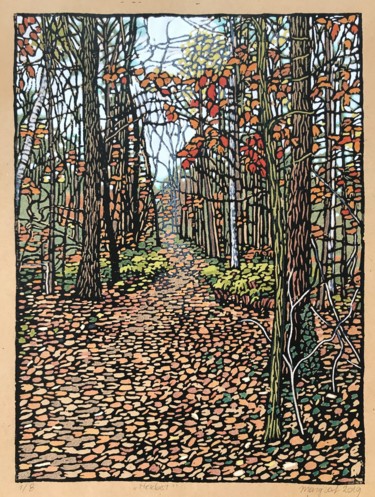 Druckgrafik mit dem Titel "Herbst" von Margreet Duijneveld, Original-Kunstwerk, Linoldrucke