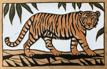 Druckgrafik mit dem Titel "Tiger" von Margreet Duijneveld, Original-Kunstwerk, Linoldrucke