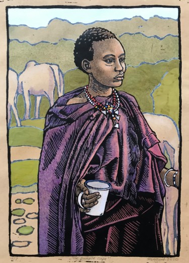 Printmaking titled "The Purple Cape" by Margreet Duijneveld, Original Artwork, Linocuts