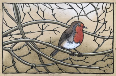 Druckgrafik mit dem Titel "Rotkehlchen / Robin" von Margreet Duijneveld, Original-Kunstwerk, Linoldrucke