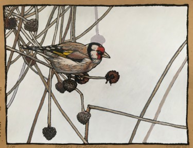 Morgens am Bahndamm / carduelis carduelis Printmaking titled "Morgens am Bahndamm…" by Margreet Duijneveld, Original Art, Linocuts
