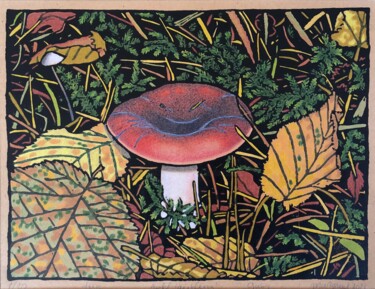 Druckgrafik mit dem Titel "Apfeltäubling, russ…" von Margreet Duijneveld, Original-Kunstwerk, Linoldrucke