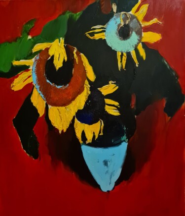 Painting titled "Three Sunflowers" by Mher Chatinyan, Original Artwork, Oil