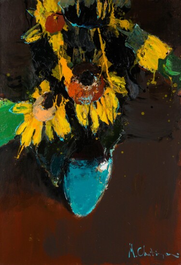 Malerei mit dem Titel "Sunflowers in a Vase" von Mher Chatinyan, Original-Kunstwerk, Öl