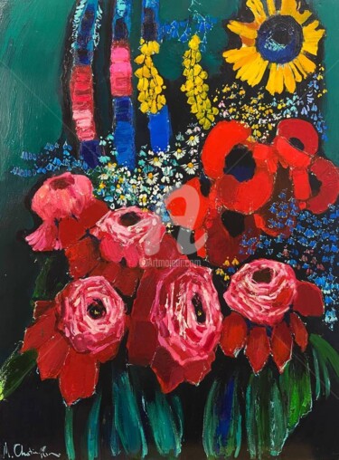 Malarstwo zatytułowany „Flowers on Green” autorstwa Mher Chatinyan, Oryginalna praca, Olej