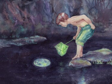 Malerei mit dem Titel "La pêche à la lune" von Marie-Hélène Pelletier, Original-Kunstwerk, Aquarell