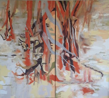 Painting titled "Reflets forêt" by Mi Baudry, Original Artwork, Acrylic